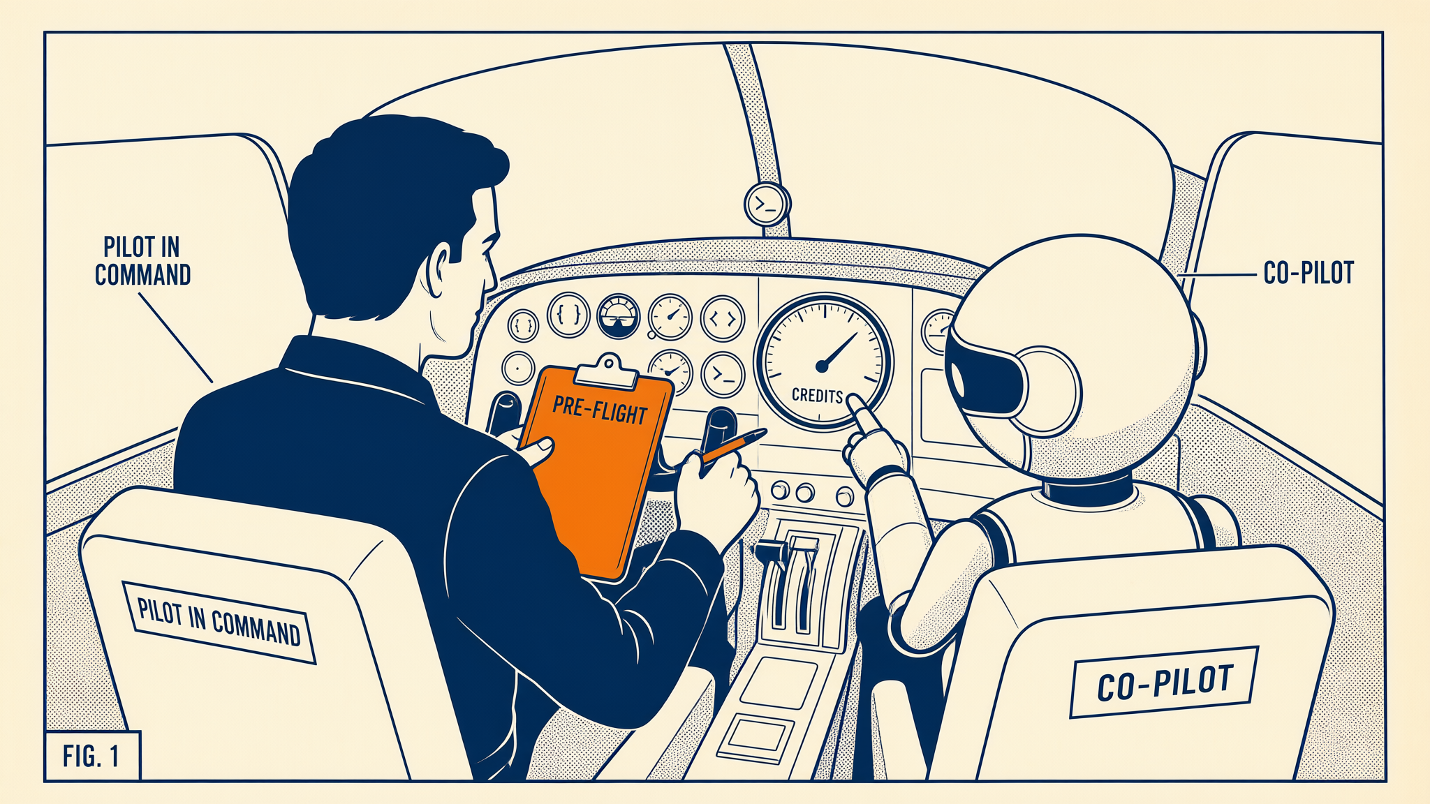 A pilot in the left seat reads an orange pre-flight checklist while a robot co-pilot in the right seat points at a fuel gauge