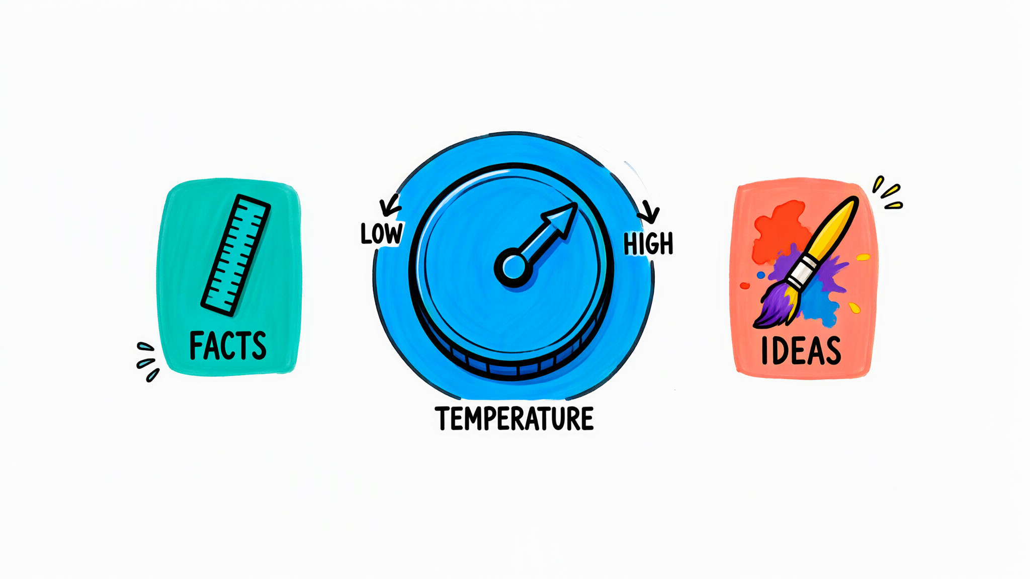 Sketchnote of a dial labelled TEMPERATURE turning from LOW (a ruler, FACTS) to HIGH (a paintbrush, IDEAS).