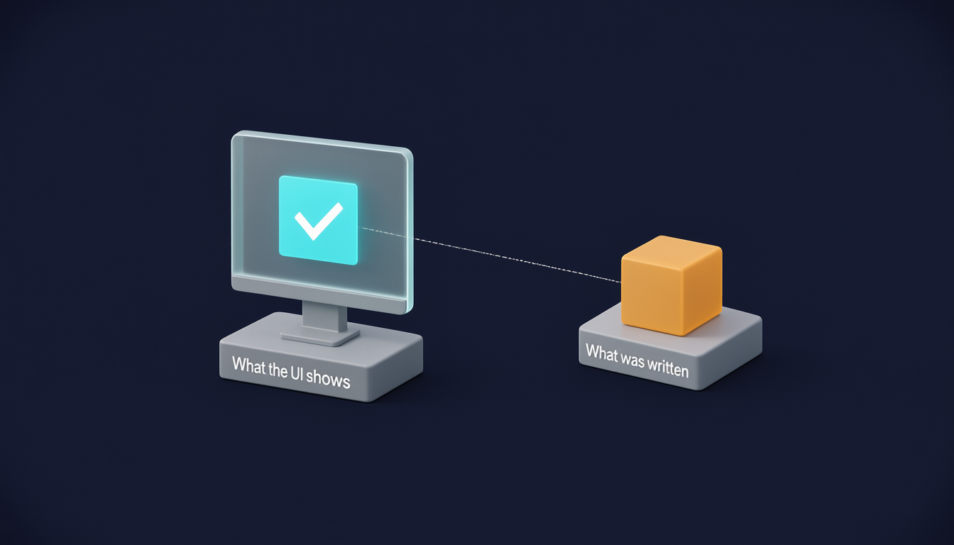A monitor shows a turquoise check mark labelled "What the UI shows"; a dashed line leads to an amber cube labelled "What was written"