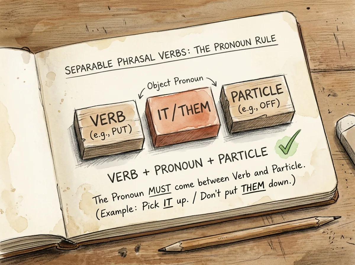 Страница блокнота: три кубика VERB, IT/THEM, PARTICLE в ряд и правило под ними