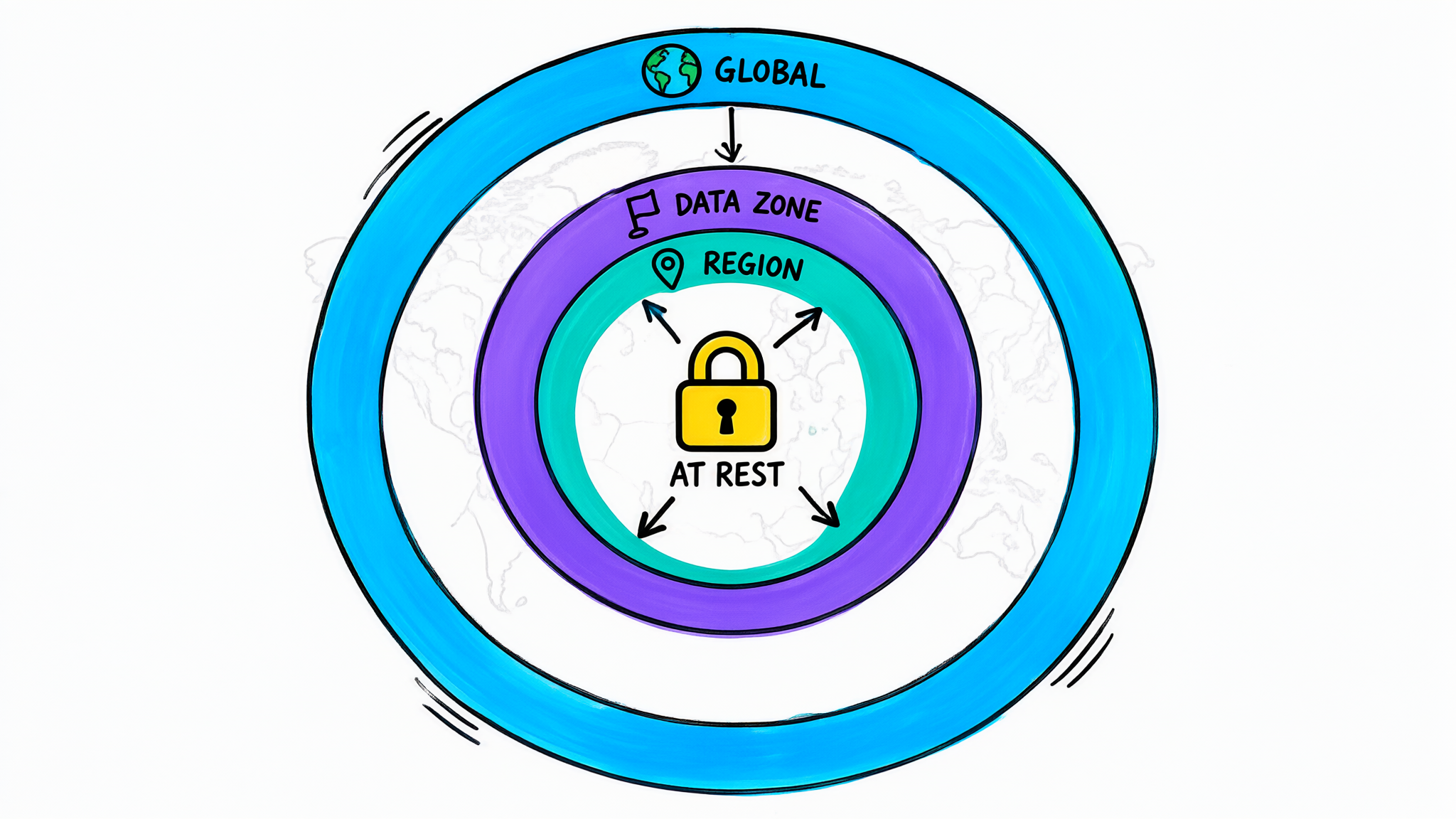 Sketchnote of three nested rings over a map — GLOBAL outermost, DATA ZONE in the middle, REGION at the centre — with a small padlock labelled AT REST at the centre.