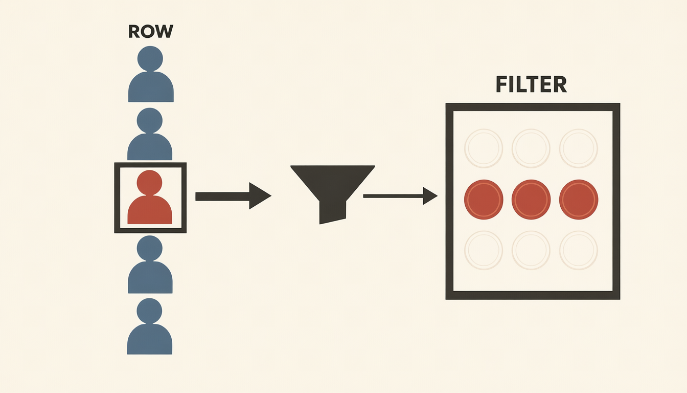 Isotype picture — one highlighted ROW passes through a funnel and becomes a FILTER that lets only its own coins through.
