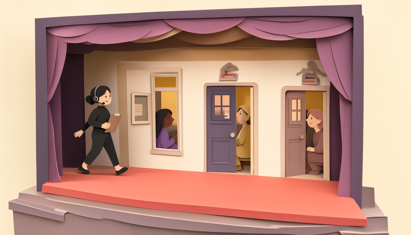 A cut-away paper theatre: a coral stage floor in front, a wall with three separate rooms behind it, one person in each, while Priya crosses the stage with a clipboard